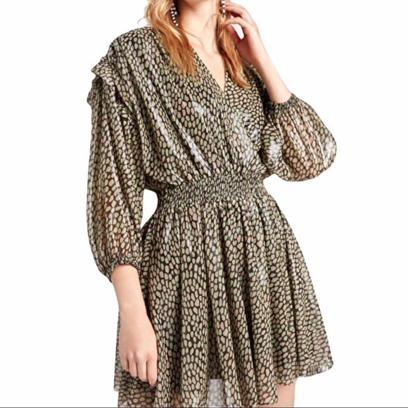 Nocturne Mini Wrap Dress Printed Size 42 Green Long Sleeve Elastic Waist - Picture 1 of 11